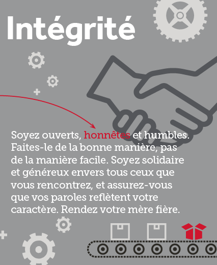Texte : Intégrité. Soyez ouvert, honnête et humble. Faites-le de la bonne manière, pas de la manière la plus simple. Soyez solidaire et généreux envers tous ceux que vous rencontrez, et assurez-vous que vos paroles reflètent votre caractère. Rendez votre maman fière.